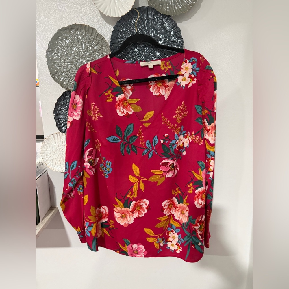 LOFT Floral V-Neck Blouse - Red and Pink